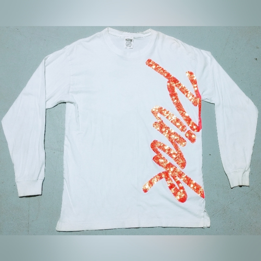 Victoria's Secret PINK White Long Sleeve with Vibrant Orange "Bling" PINK Desi S